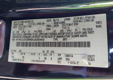 2013 Ford Escape Se from USA, damaged, VIN 1FMCU0G99DUA95402